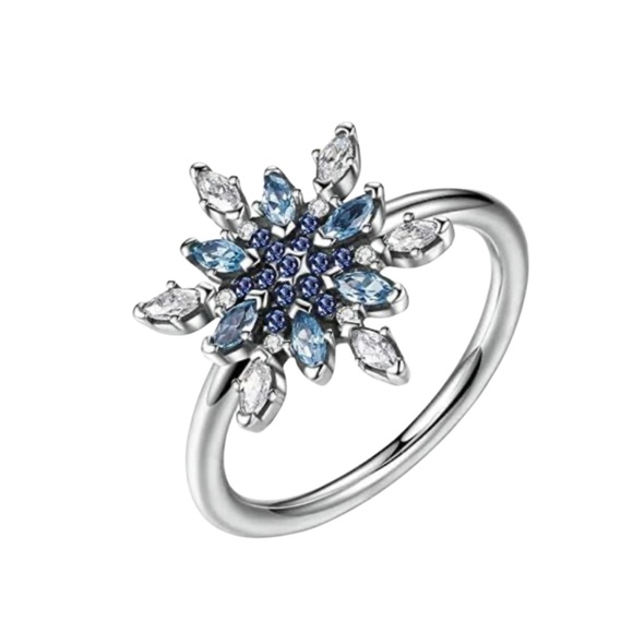 Sterling Silver Snowflake Ring with Blue & Clear CZ – 14mm Sparkle - Picture 1 of 1